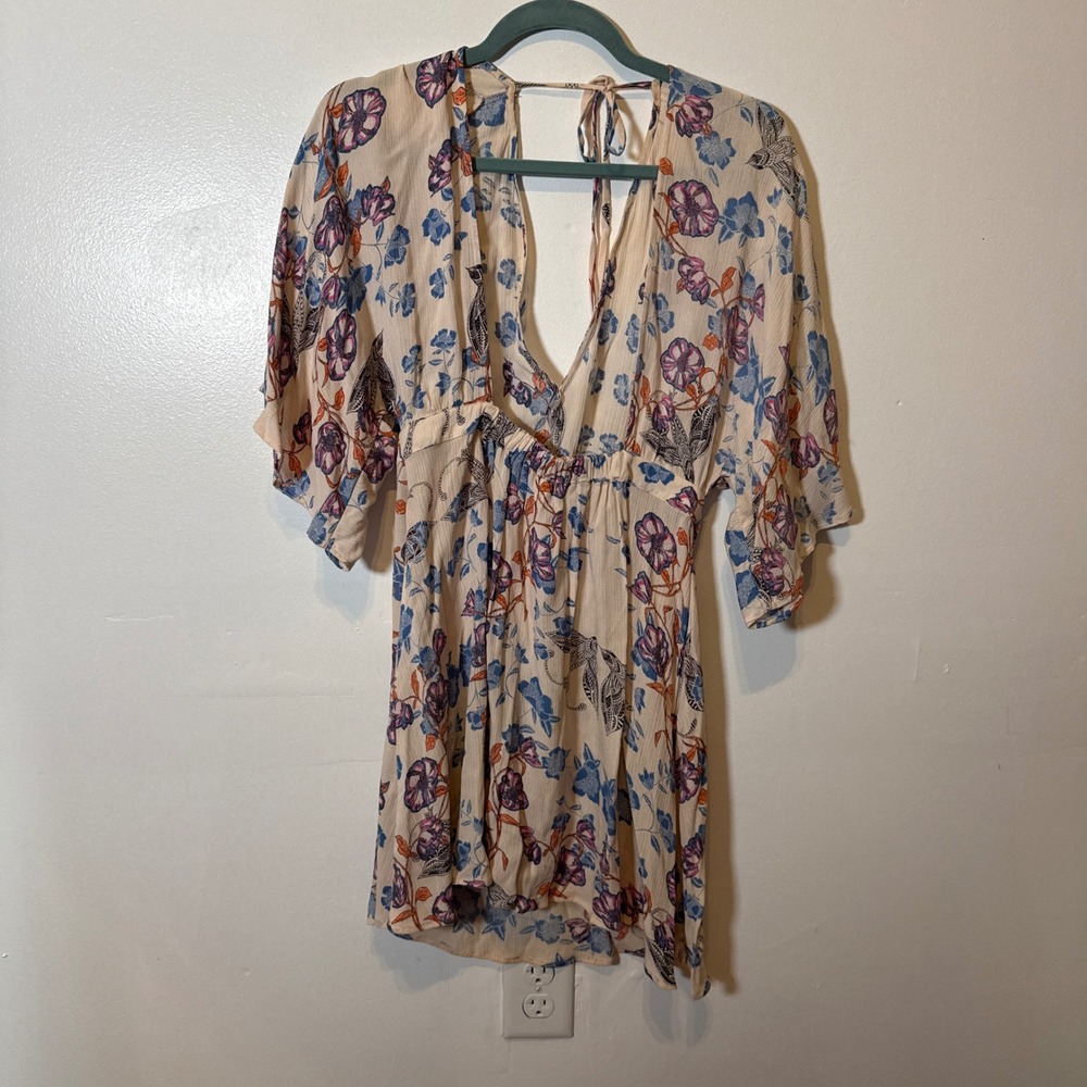 EN CRÈME Floral Bird Print Kimono Sleeve Mini Dress Size Small‎